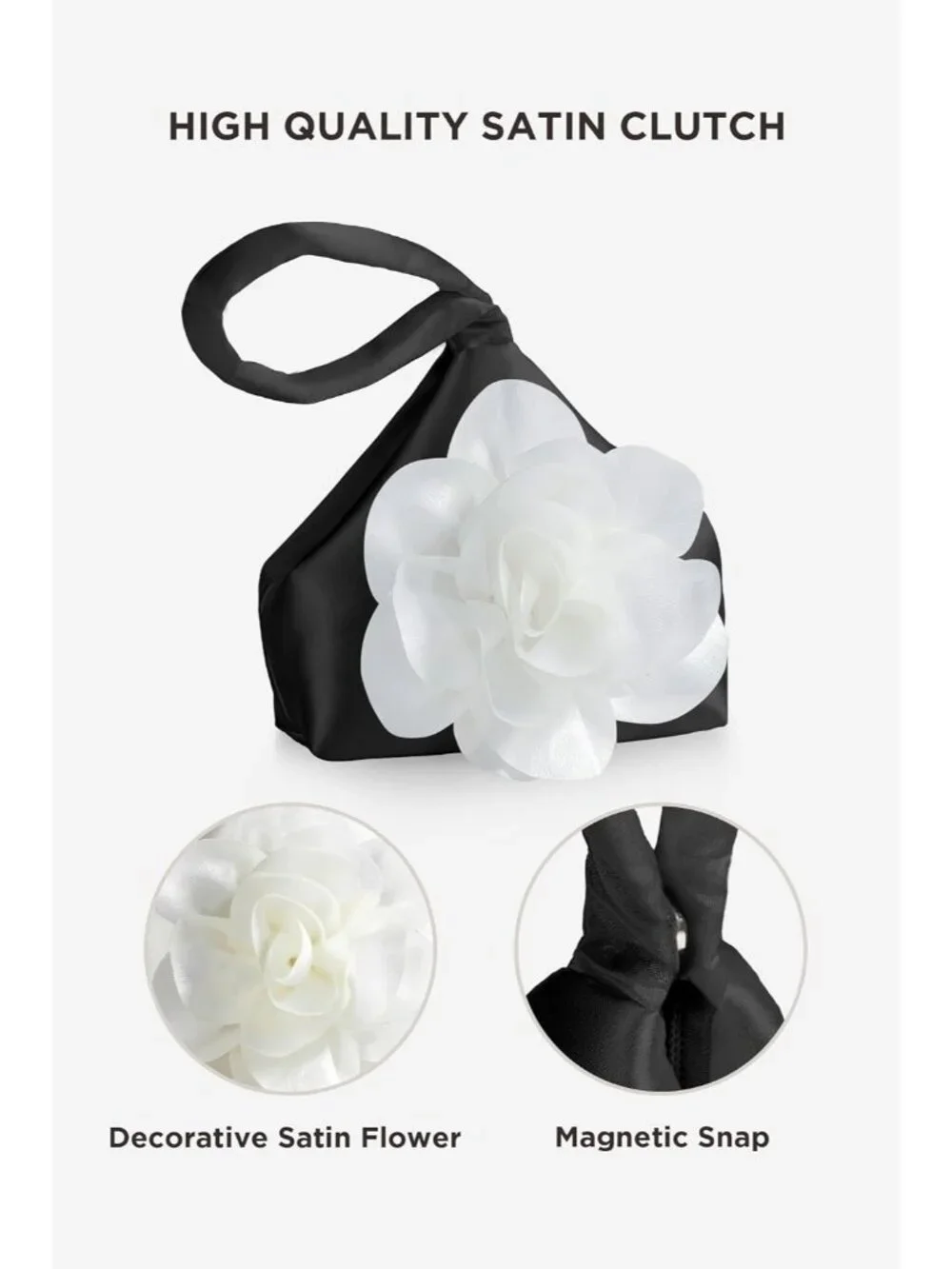 〽️ Women’s Black White Satin Flower Triangle Clutch Wristlet Purse Evening Bag